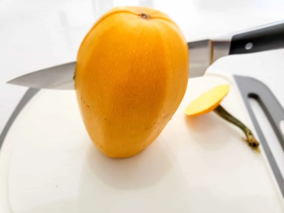 a knife cutting a spaghetti squash in half.