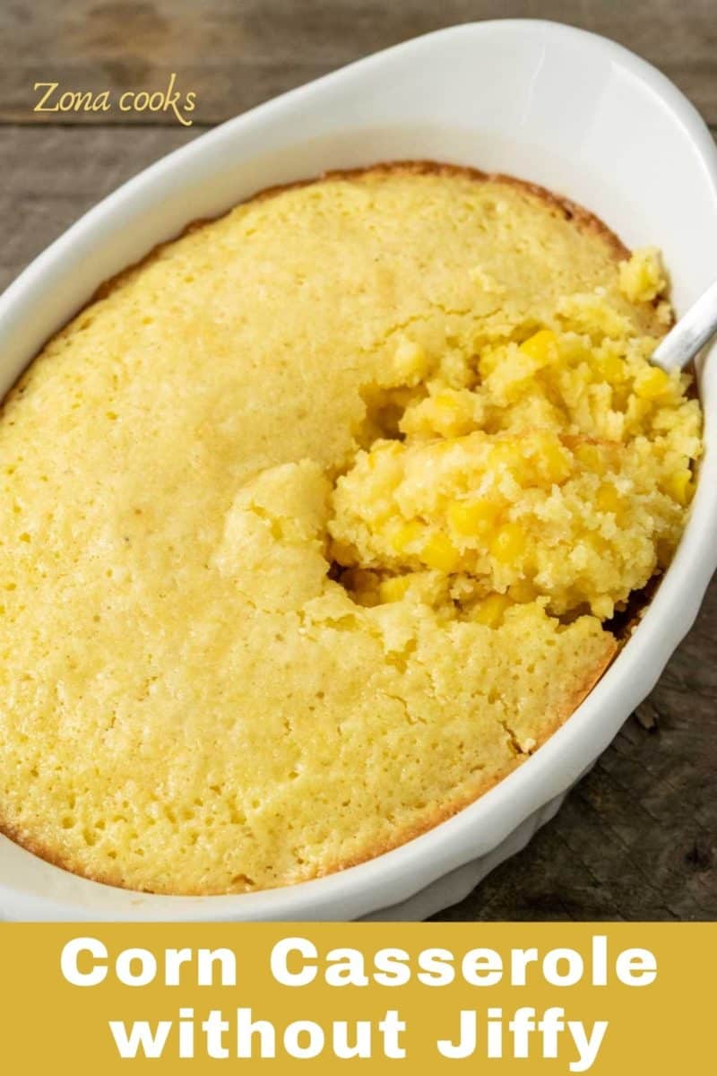 Corn Casserole without Jiffy mix in a baking dish.