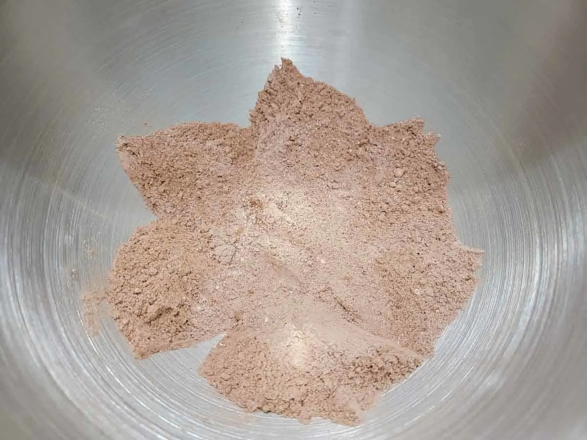 dry ingredients for chocolate cake in a bowl.