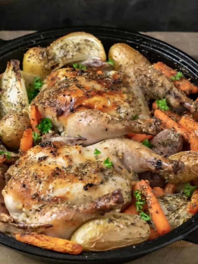 Skillet Roasted Hens and Veggies