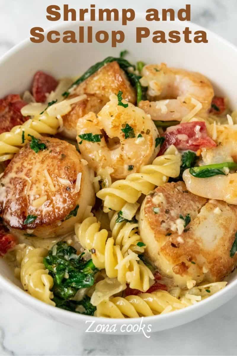 a bowl full of Shrimp and Scallop Pasta.