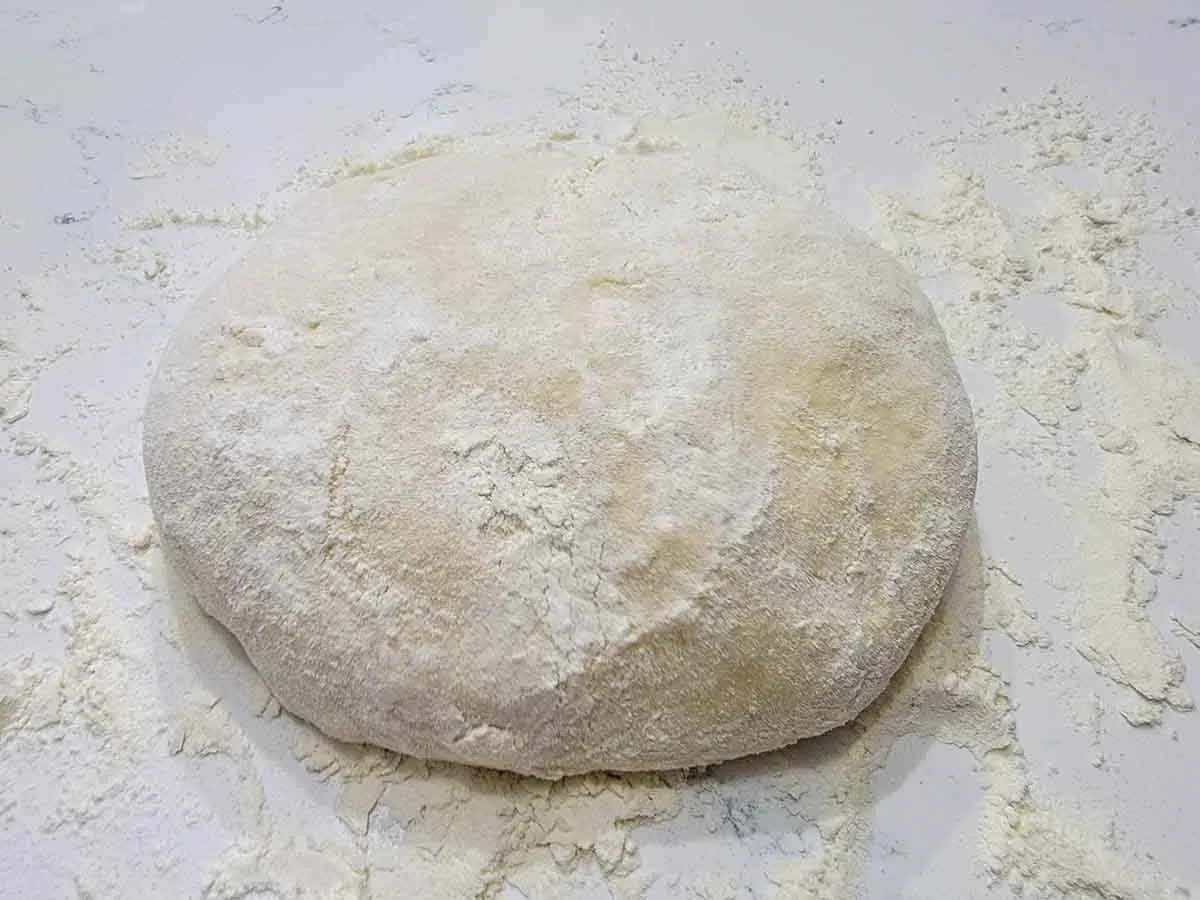 flatbread dough ball coated in flour.