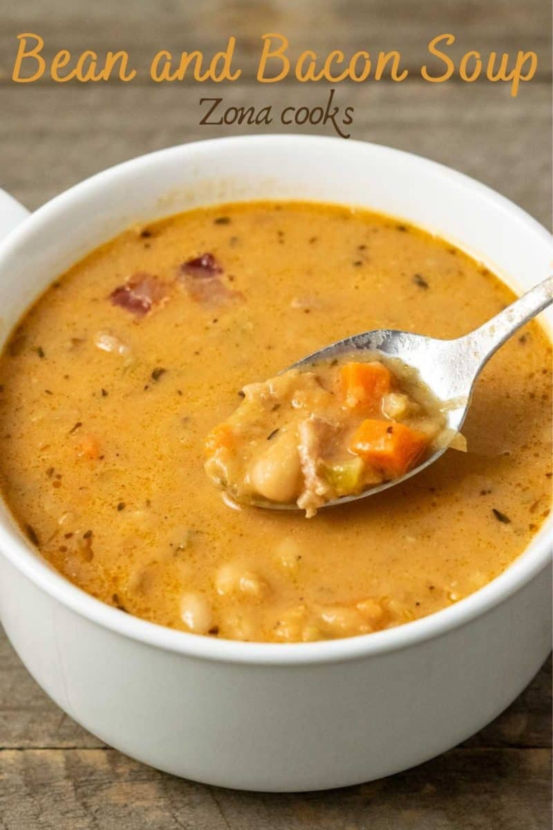 a bowl filled with Bean and Bacon Soup.