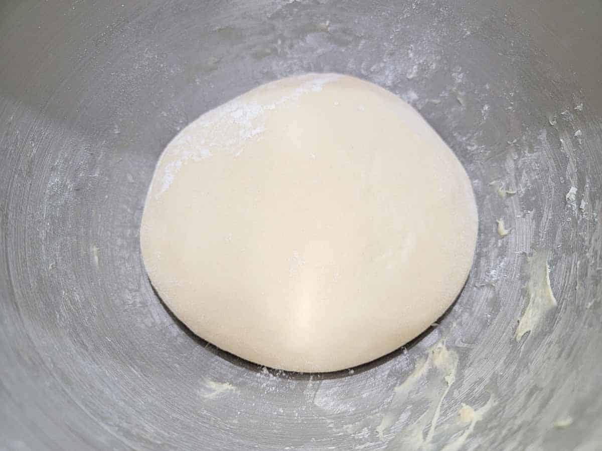 soft dough rising in a mixing bowl.