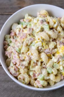 Ham pasta salad in a bowl.