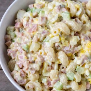 Ham pasta salad in a bowl.