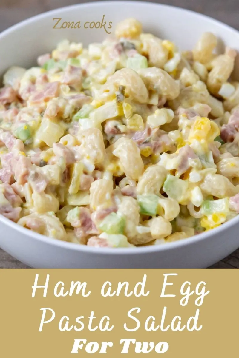 Ham and egg pasta salad in a bowl.