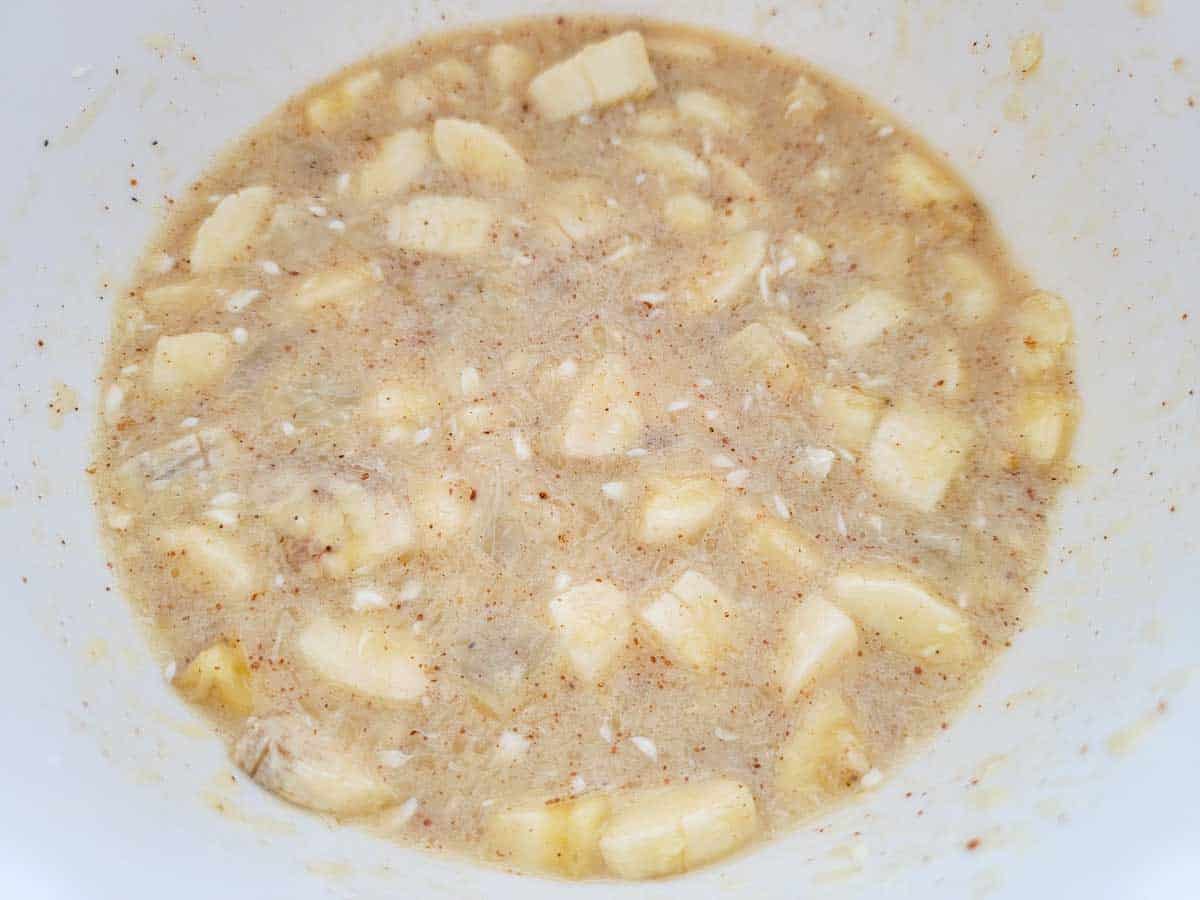 diced banana and pineapple added to batter mixture.