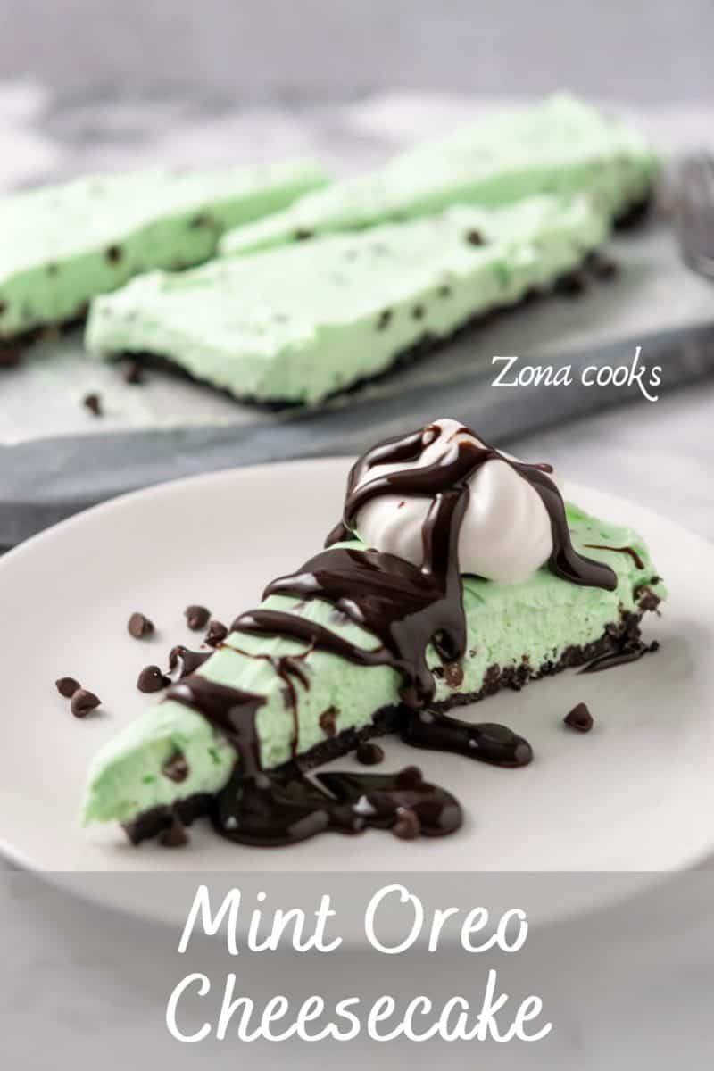 a slice of Mint Chocolate Chip Cheesecake on a plate.