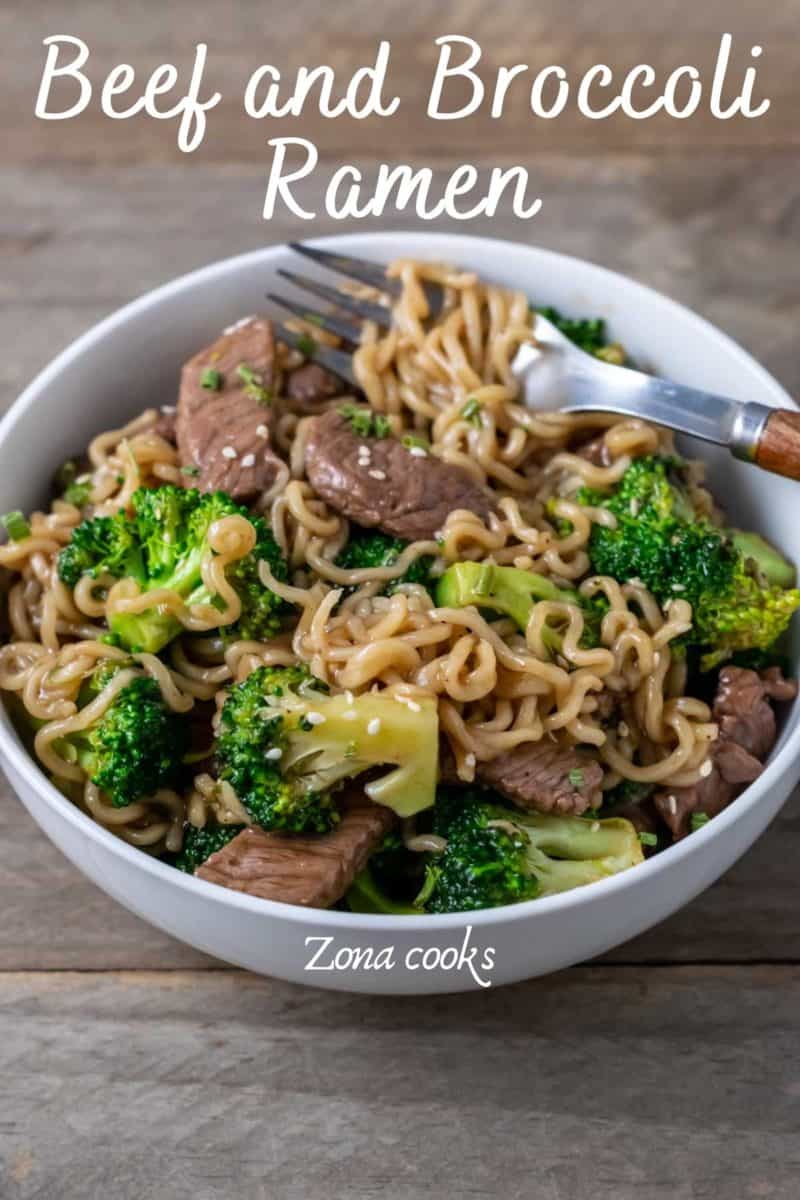 a bowl filled with beef and broccoli ramen.