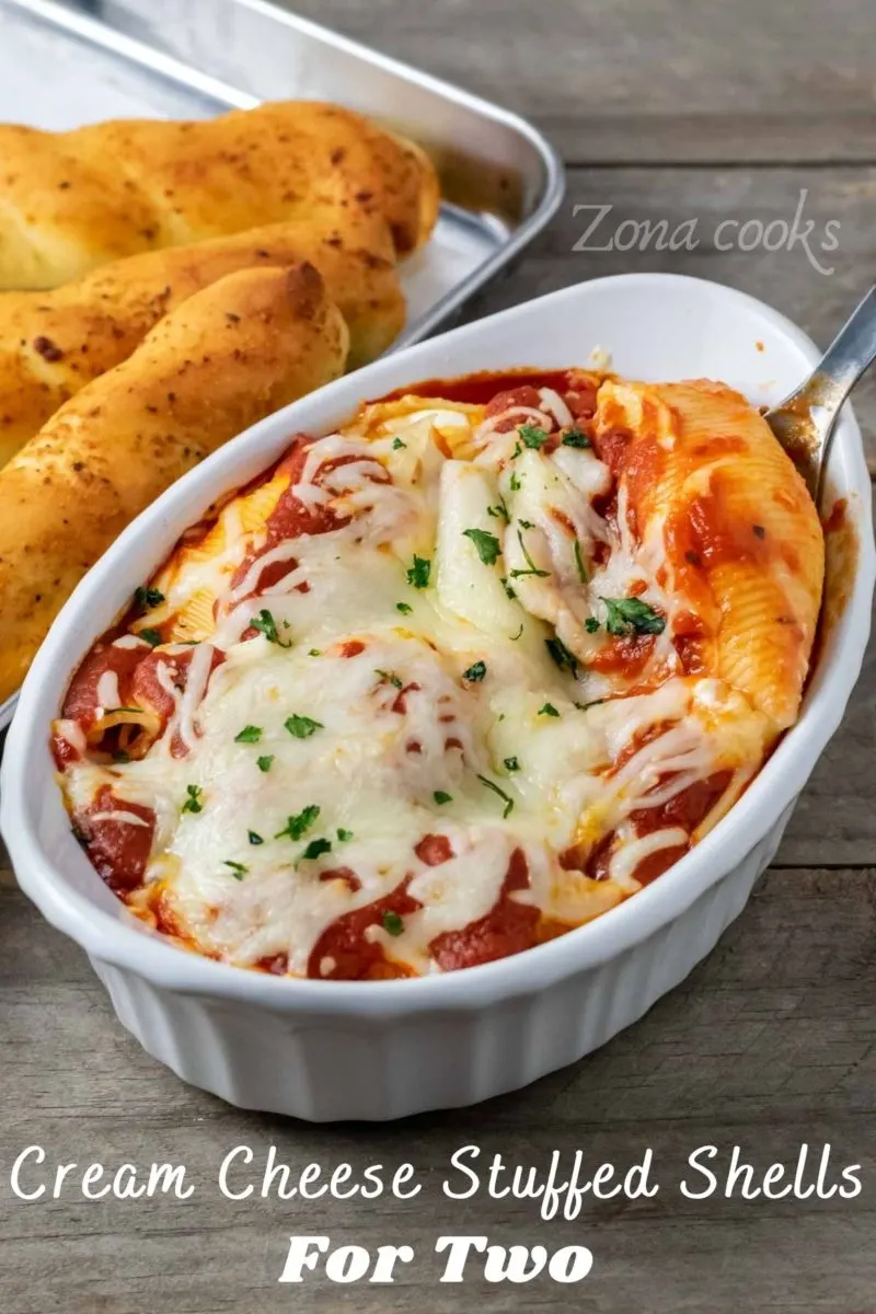 Cheese Stuffed Shells without Ricotta and a side of bread sticks.
