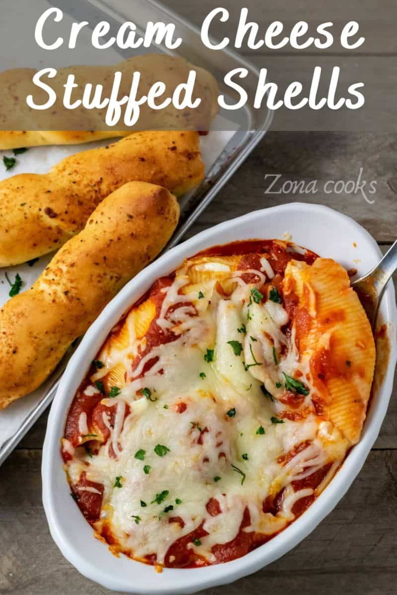 Stuffed Shells with Cream Cheese and a side of bread sticks.