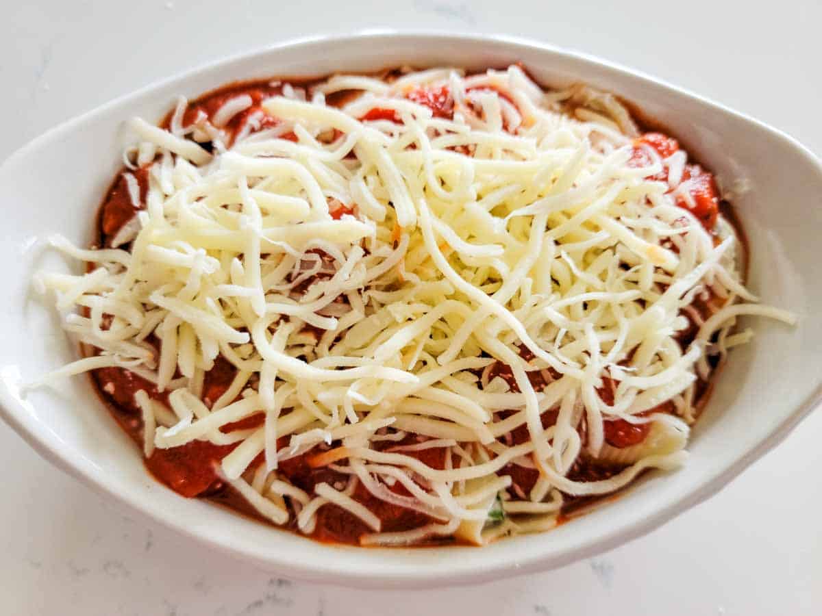 mozzarella cheese sprinkled over the pasta and sauce.