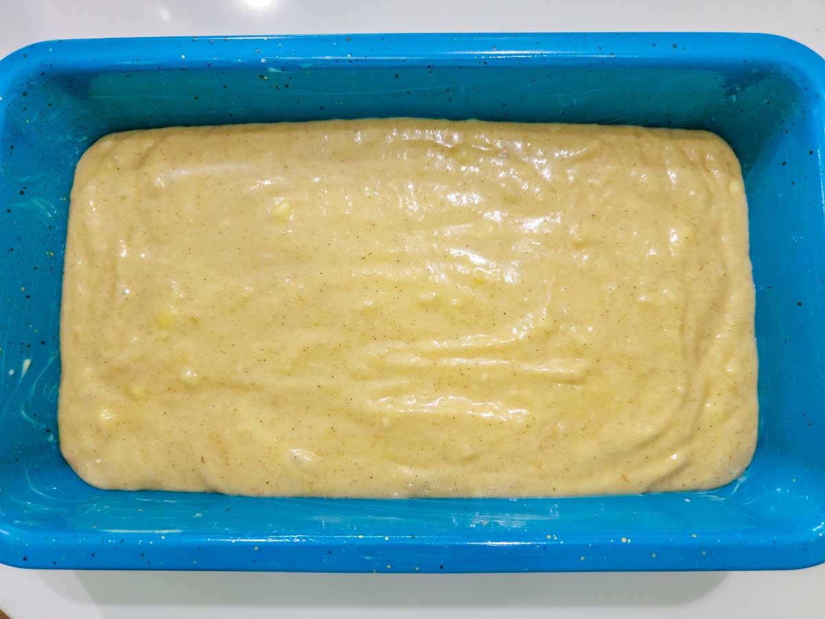batter in a loaf pan.