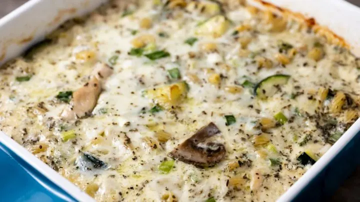 Pasta with Zucchini and Mushrooms in a baking dish.