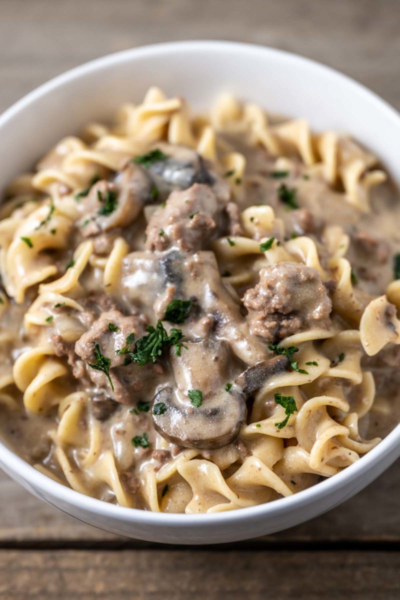 Easy Stroganoff with Ground Beef in a bowl.