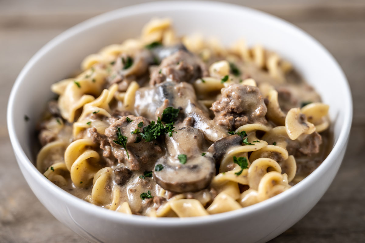 Beef Stroganoff Easy Ground Beef in a bowl.