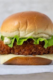 Fried Shrimp Burger on parchment paper.