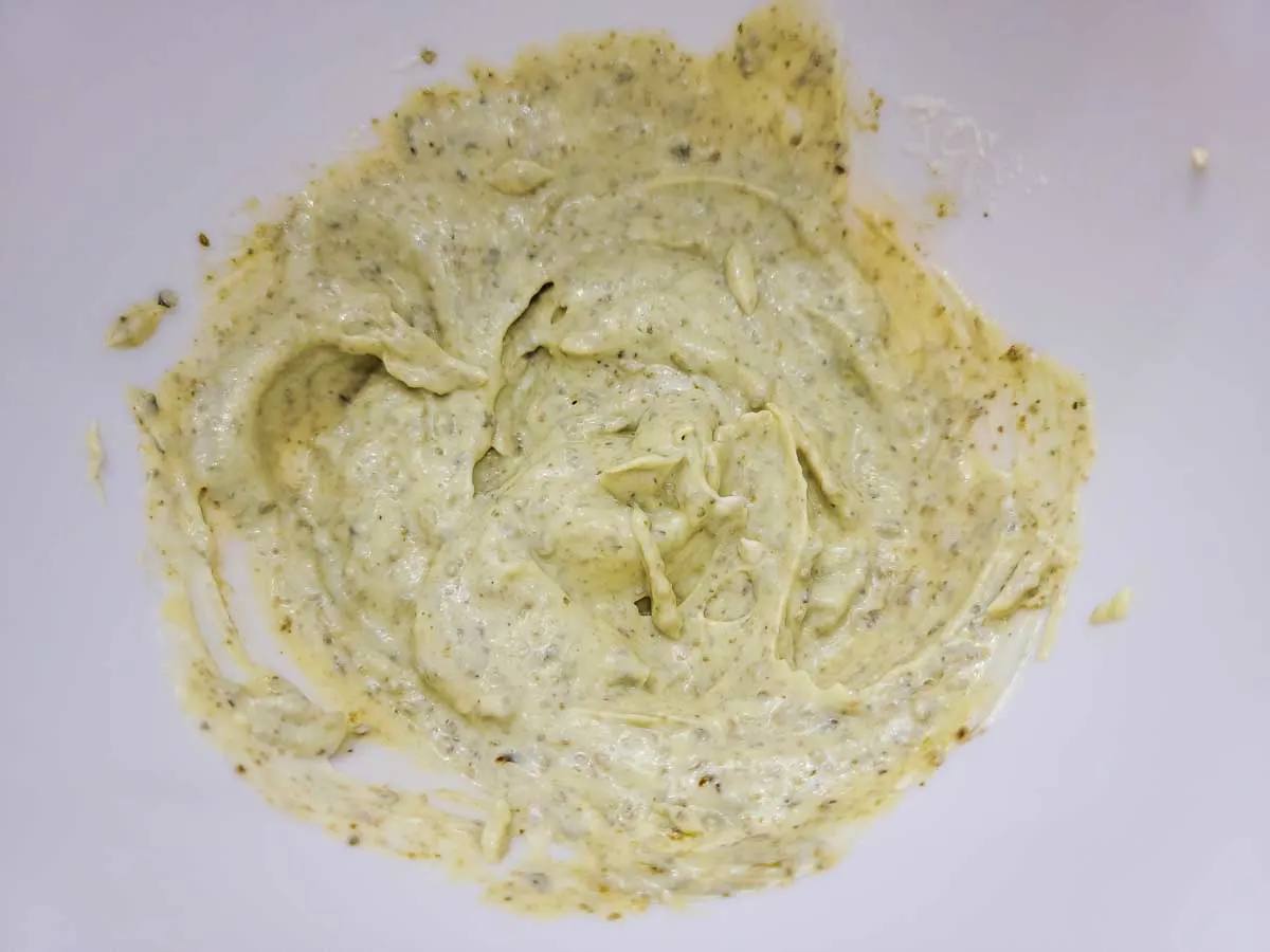 pesto mayo mixed in a bowl.