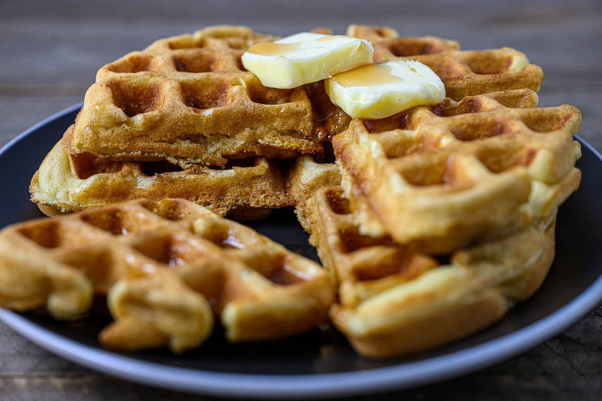Fluffy Belgian Waffles on a plate.