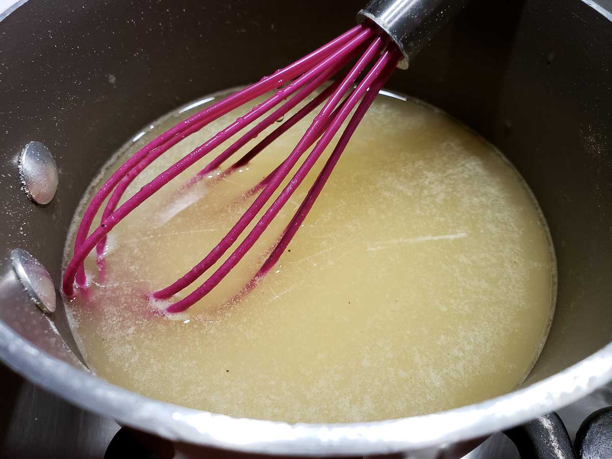 broth or drippings whisked into flour and butter mixture in a pan.