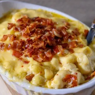 Gouda Mac and Cheese with Bacon in a baking dish.