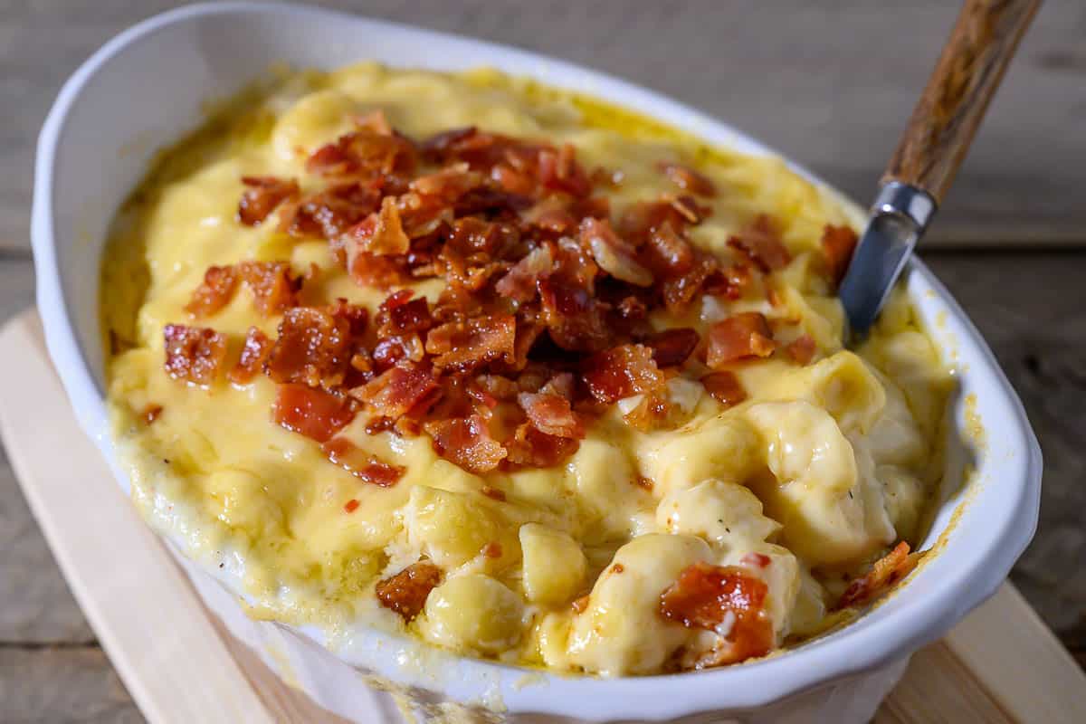 Gouda Mac and Cheese with Bacon in a baking dish.