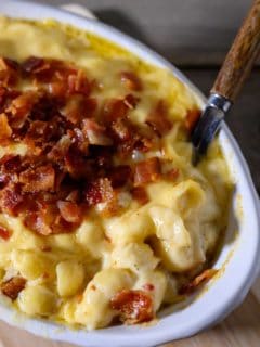 Bacon Gouda Mac and Cheese in a baking dish.