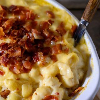 Bacon Gouda Mac and Cheese in a baking dish.