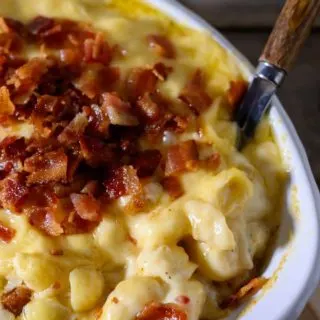 Bacon Gouda Mac and Cheese in a baking dish.