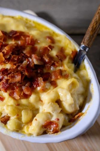 Bacon Gouda Mac and Cheese in a baking dish.