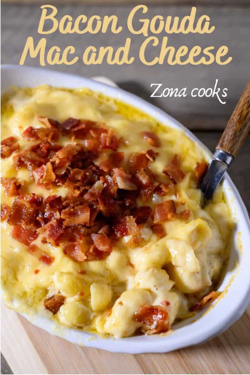 Smoked Gouda Mac and Cheese with Bacon in a casserole dish.