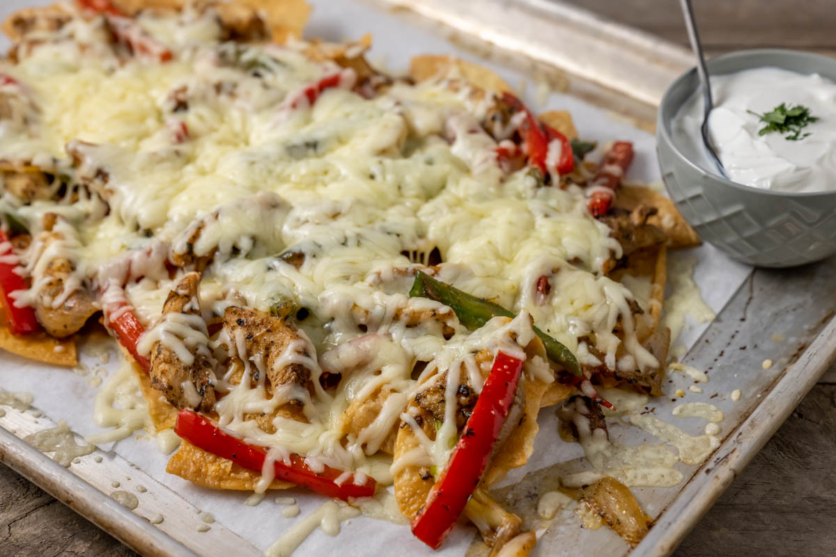 Chicken Fajita Tray Bake on a baking sheet.