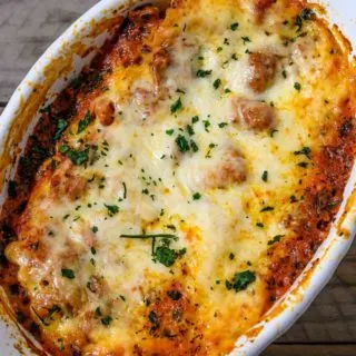 Lasagna No Boil Noodles in a baking dish.