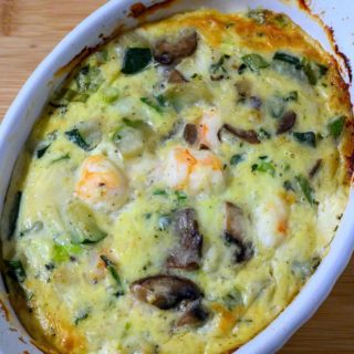 Shrimp and Zucchini Casserole in a baking dish.