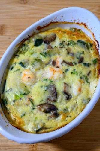 Shrimp and Zucchini Casserole in a baking dish.
