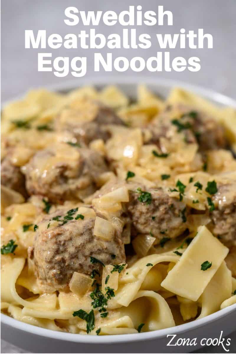 Swedish Meatballs from Scratch over egg noodles in a bowl.