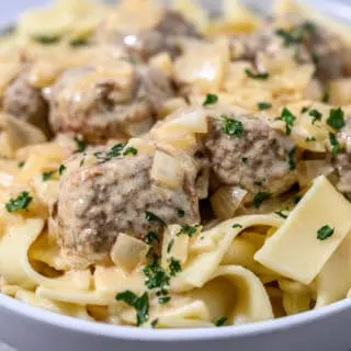 Swedish Meatballs with Pasta in a bowl.