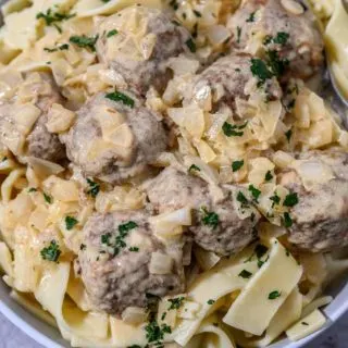 Homemade Swedish Meatballs with Egg noodles for two in a bowl.