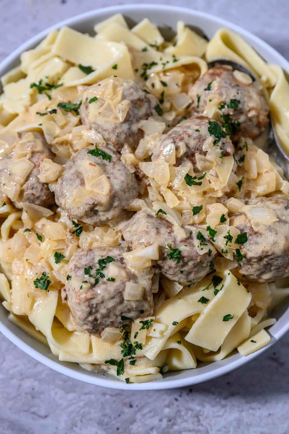 Homemade Swedish Meatballs with Egg noodles for two in a bowl.