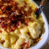 Bacon Gouda Mac and Cheese in a baking dish.