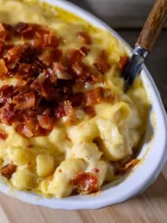Bacon Gouda Mac and Cheese in a baking dish.