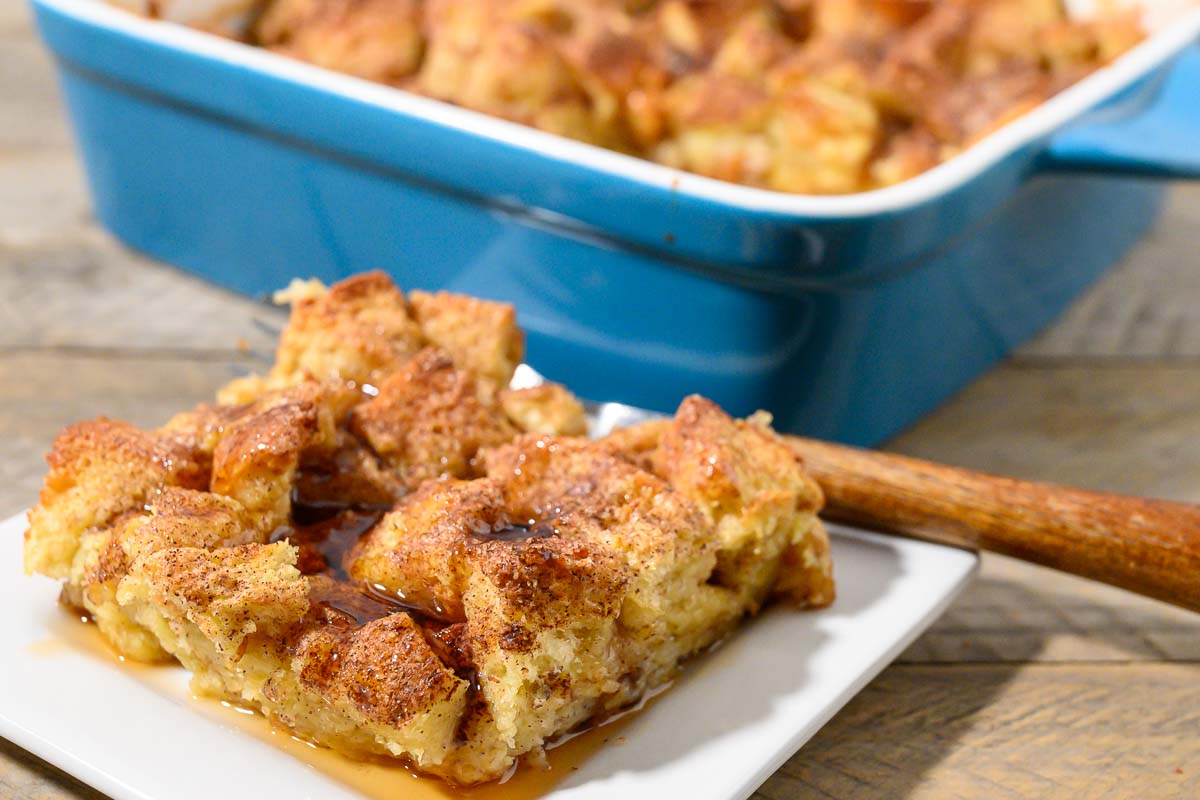 Easy Brioche French Toast Casserole on a plate with a fork.