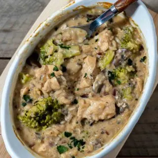 Smothered Chicken and Rice in a baking dish with a spoon.