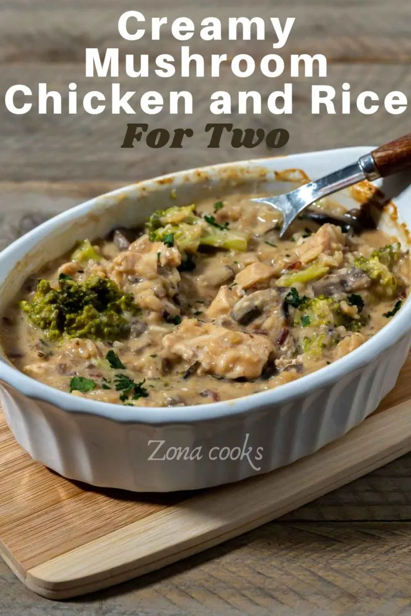 Smothered Chicken and Rice in a casserole dish with a spoon.