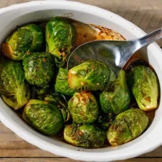 Dijon Brussels Sprouts in a baking dish.