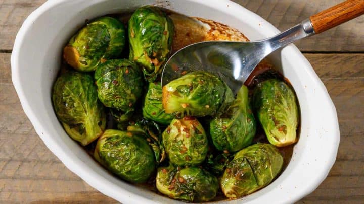 Dijon Brussels Sprouts in a baking dish.