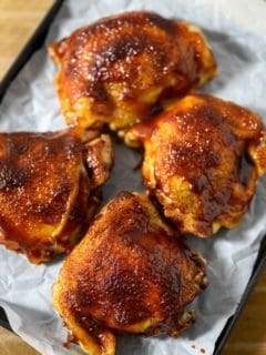 Oven BBQ Chicken Thighs on a sheet pan.