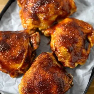 Oven BBQ Chicken Thighs on a sheet pan.