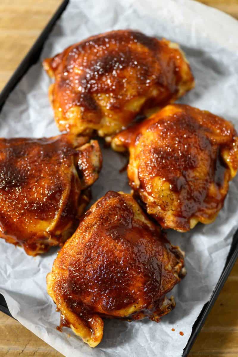 Oven BBQ Chicken Thighs on a sheet pan.